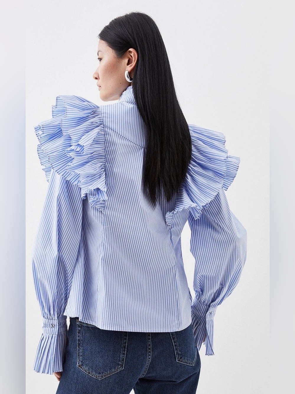 Karen Millen Pleated Striped Ruffle Woven Shirt - Picture 2 of 9
